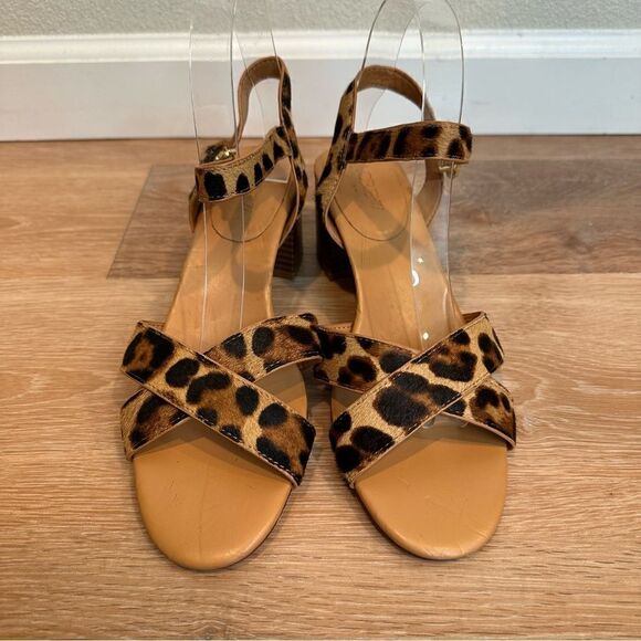 J. Crew Leopard Calf Hair Strap Chunky Heeled Sandals, Size 8.5 - Picture 5 of 11